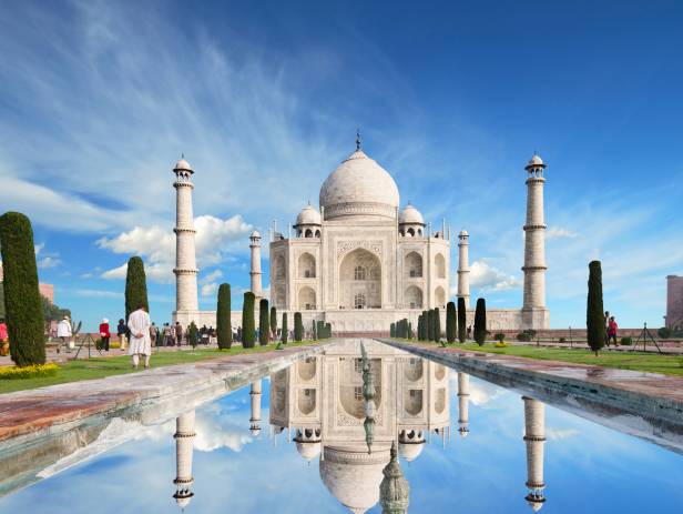 The Taj Mahal reflected in the water in Agra