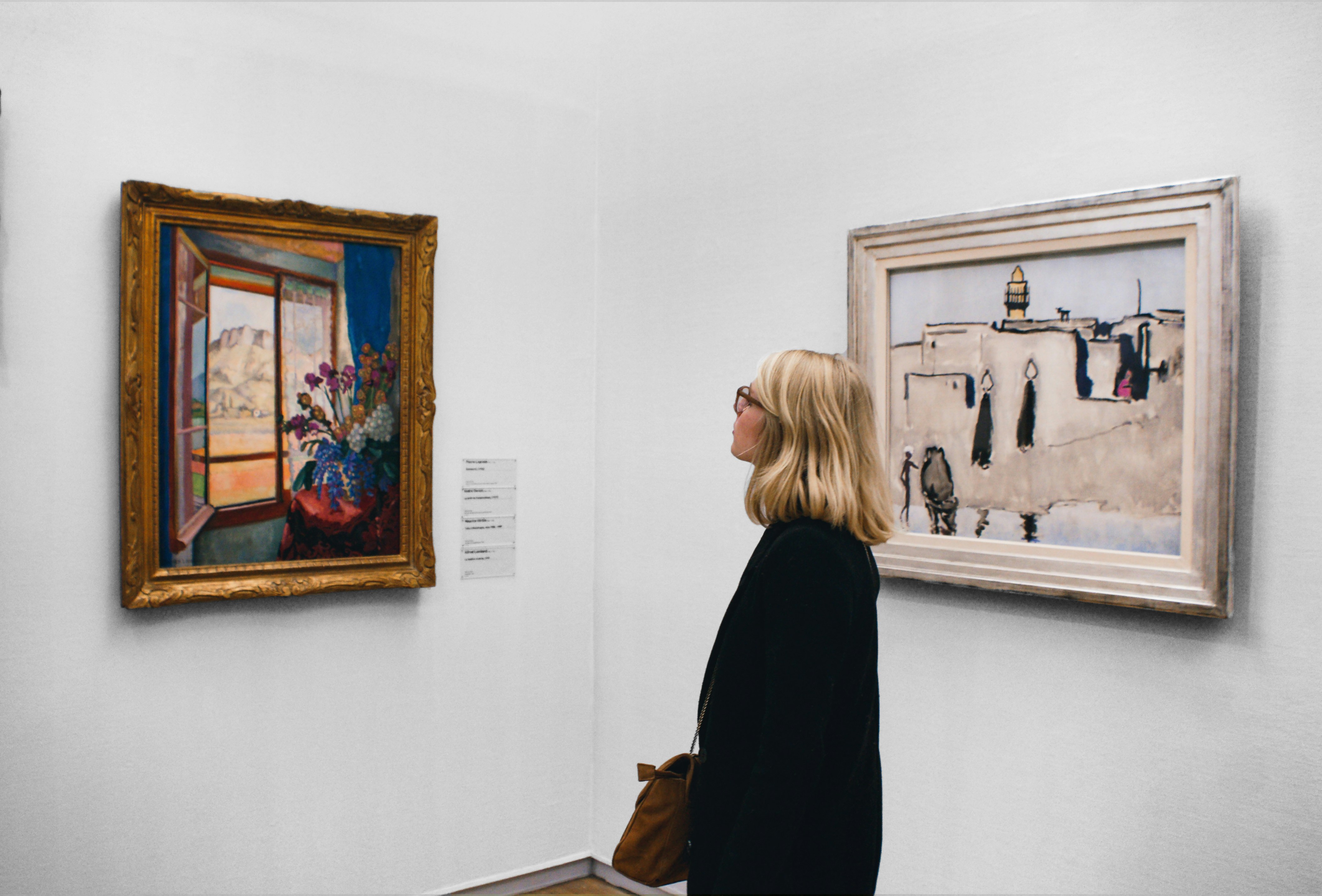 A woman looking at art in a gallery