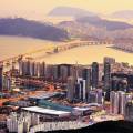 Aerial view of the cityscape in Busan, lit up at night