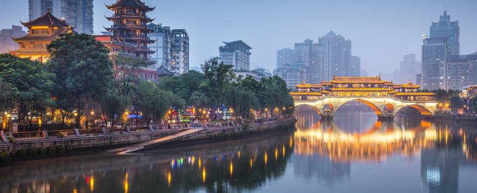 The riverside view of Chengdu city with Anshun bridge beautifully illuminated