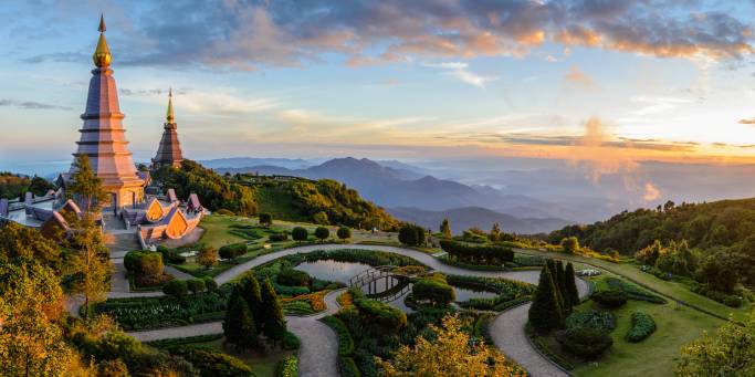 Looking out across Chiang Mai and its lush surroundings from the hilltop temple of Doi Suthep in Tha