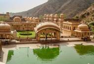 View of the lakes and temple buildings of Galta Temple, also known as Monkey Palace, near Jaipur