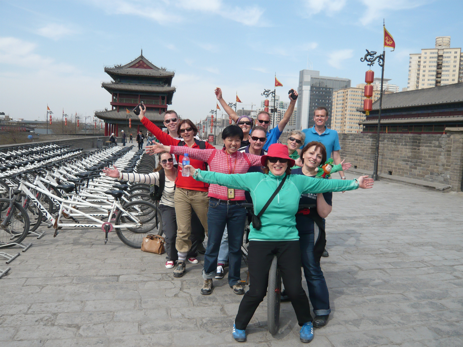 A tour group posing on the Ancient Wall in Xi'an