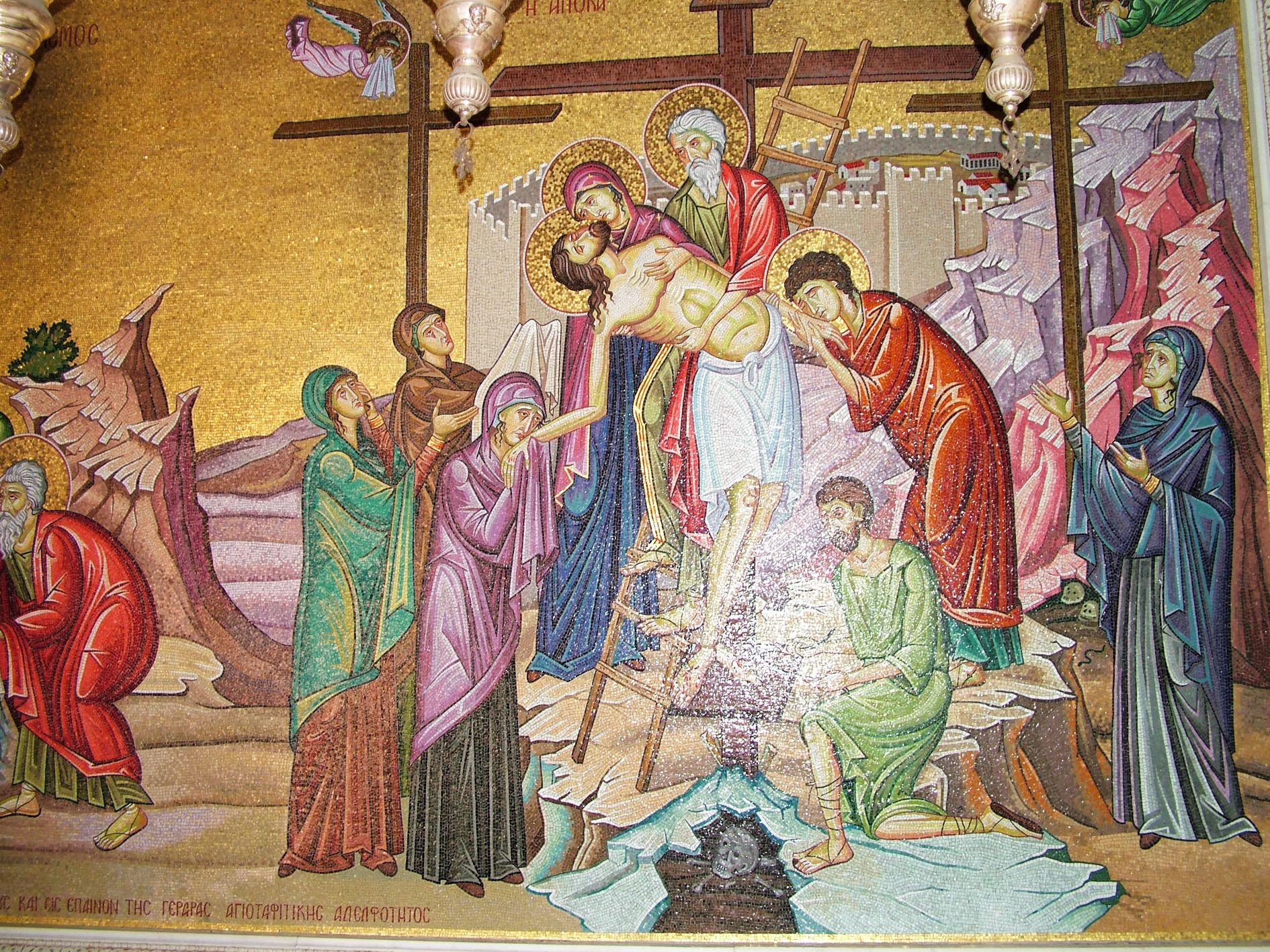 Christian mosaic showing the crucifixion of Jesus Christ