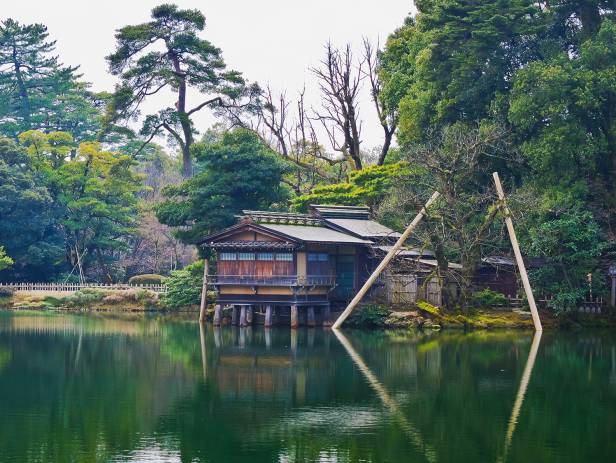 Stunning green lake surrounded by verdant vegetation in Kanazawa