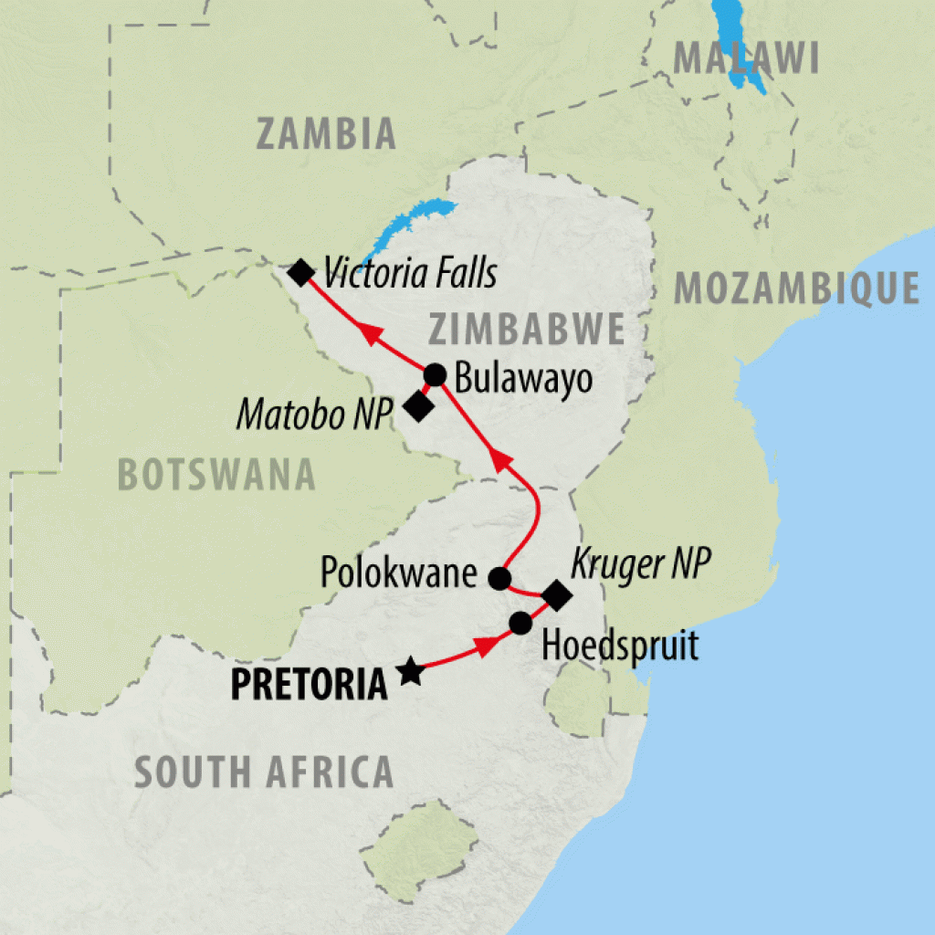 Kruger & Matobo Rhino Encounter - 7 Days map