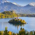 An arial view of the islet in the centre of Lake Bled