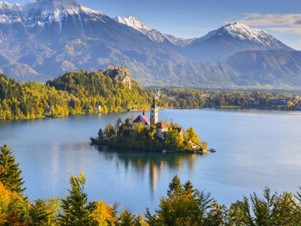 An arial view of the islet in the centre of Lake Bled