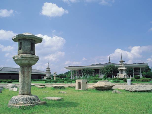 Pagodas lit up at night on the Anapji Pond in Gyeongju