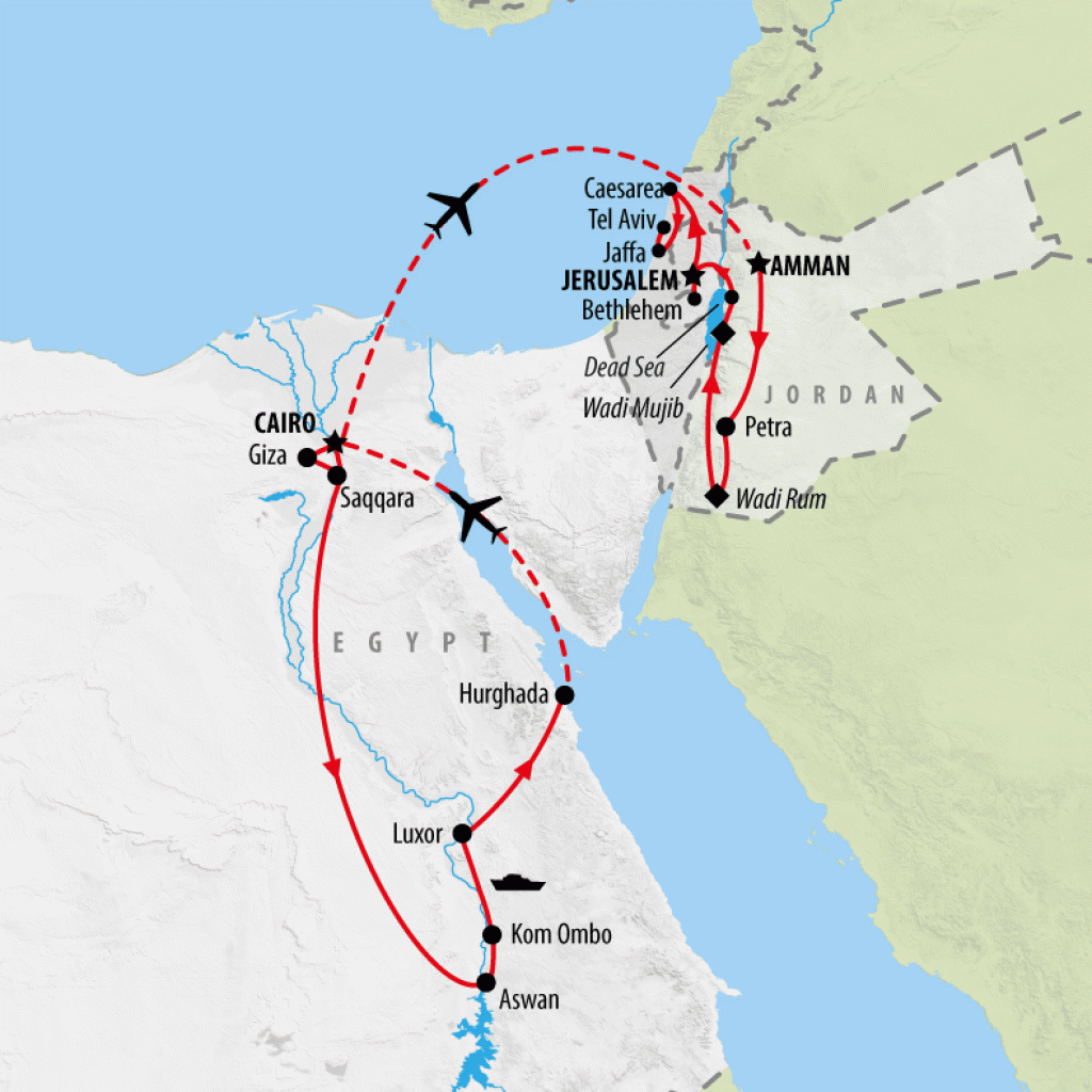 Pyramids, Petra, Promised Land with Cruise - 19 days map