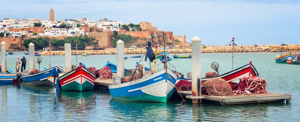 Fishing boats in a line outside of Rabat, Morocco's capital