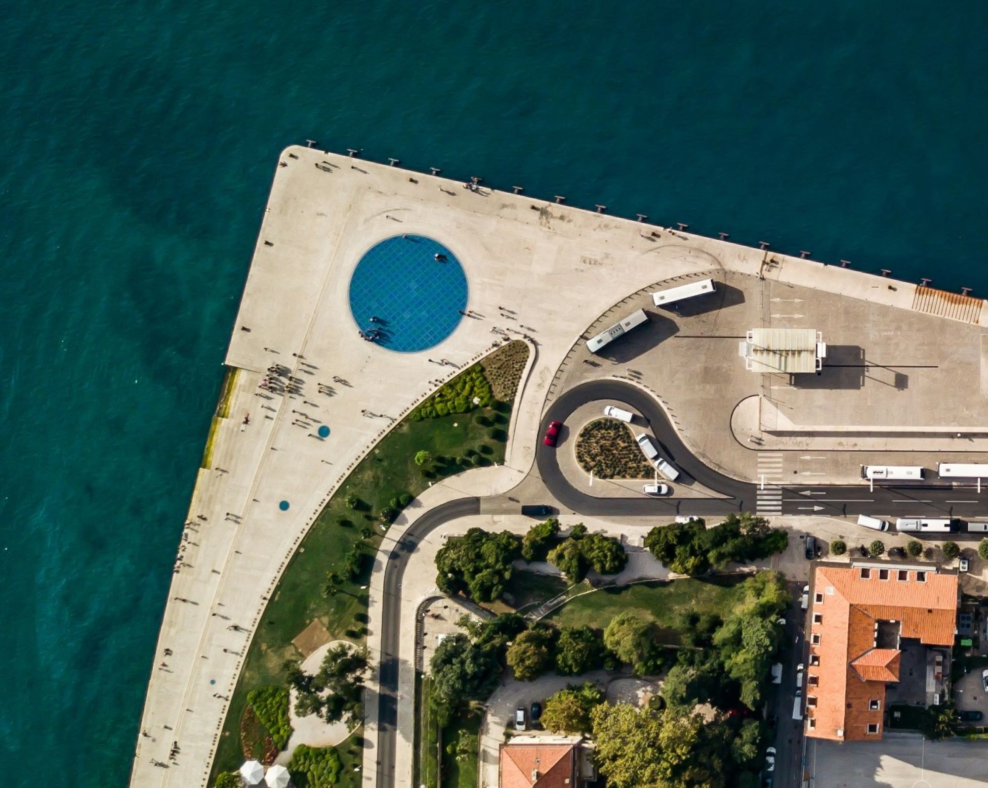 A drone view looking down on Zadar showing the sun salutation art installation 