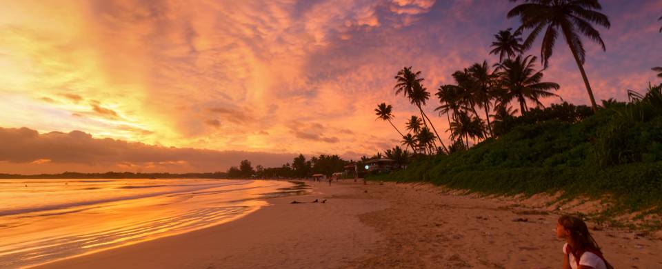 Stunning sunset staining the sky purple and orange at the beach in Weligama