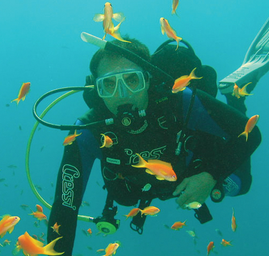 A man in snorkelling gear exploring the red sea