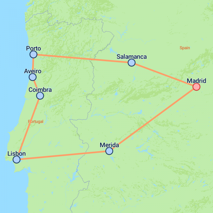 tourhub | On The Go Tours | Madrid, Porto & Lisbon - 9 days | Tour Map