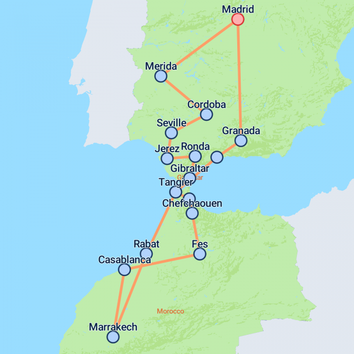 tourhub | On The Go Tours | Madrid, Marrakech & Fes - 16 days | Tour Map