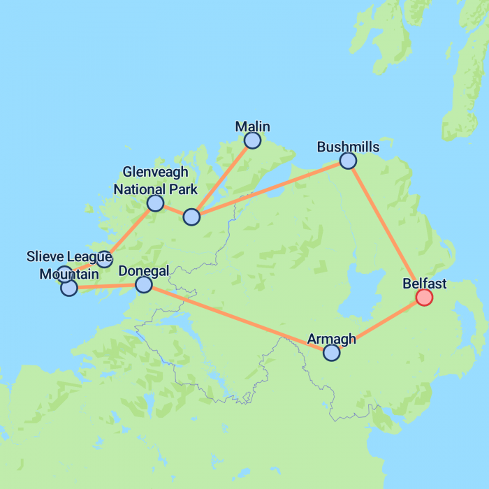 tourhub | On The Go Tours | Northern Ireland & County Donegal - 4 days | Tour Map