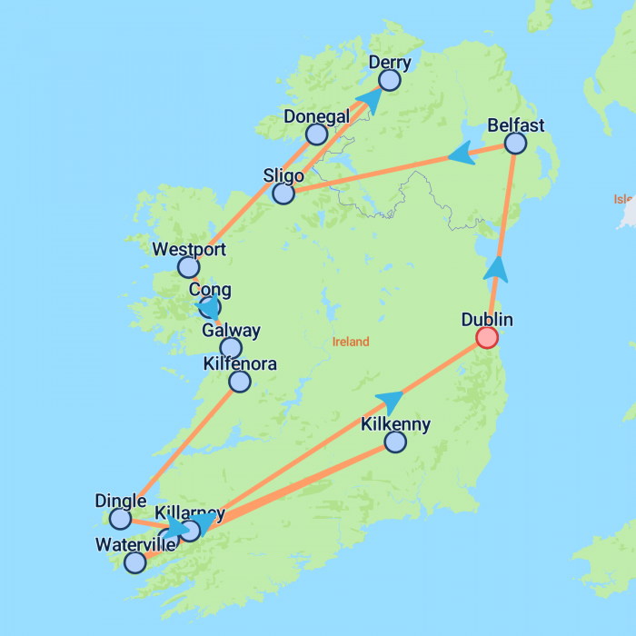 tourhub | On The Go Tours | Ireland Coast to Coast (Hotel) - 9 days | Tour Map