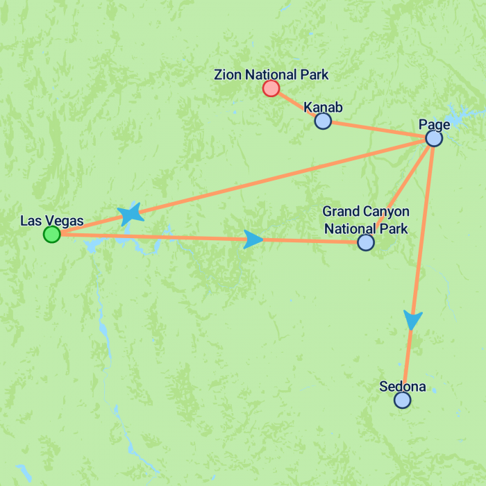 tourhub | On The Go Tours | Vegas, Monument Valley & Grand Canyon - 7 days | Tour Map