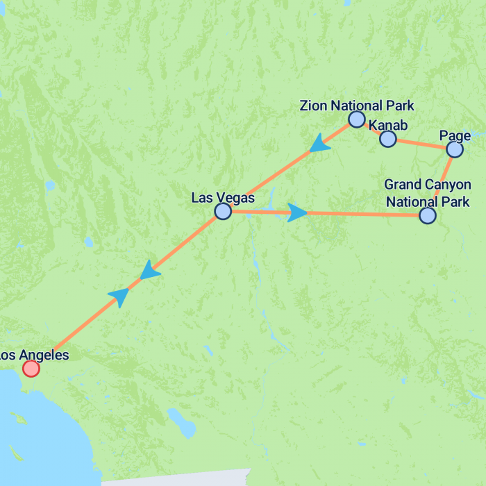 tourhub | On The Go Tours | LA to Vegas & Grand Canyon - 4 days | Tour Map