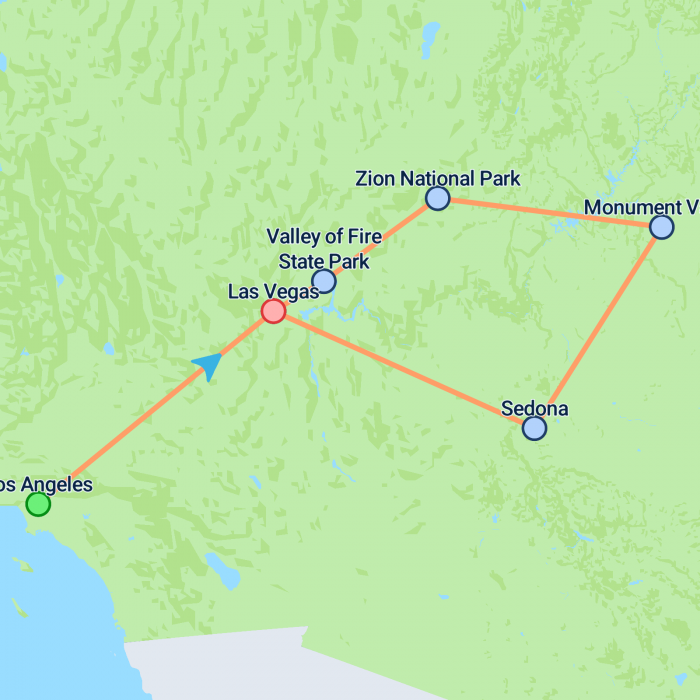 tourhub | On The Go Tours | LA to Monument Valley & Vegas - 5 days | Tour Map