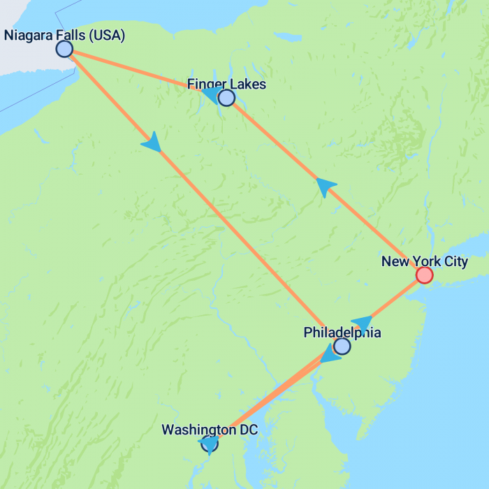 tourhub | On The Go Tours | Niagara, Philly & Washington - 4 days | Tour Map