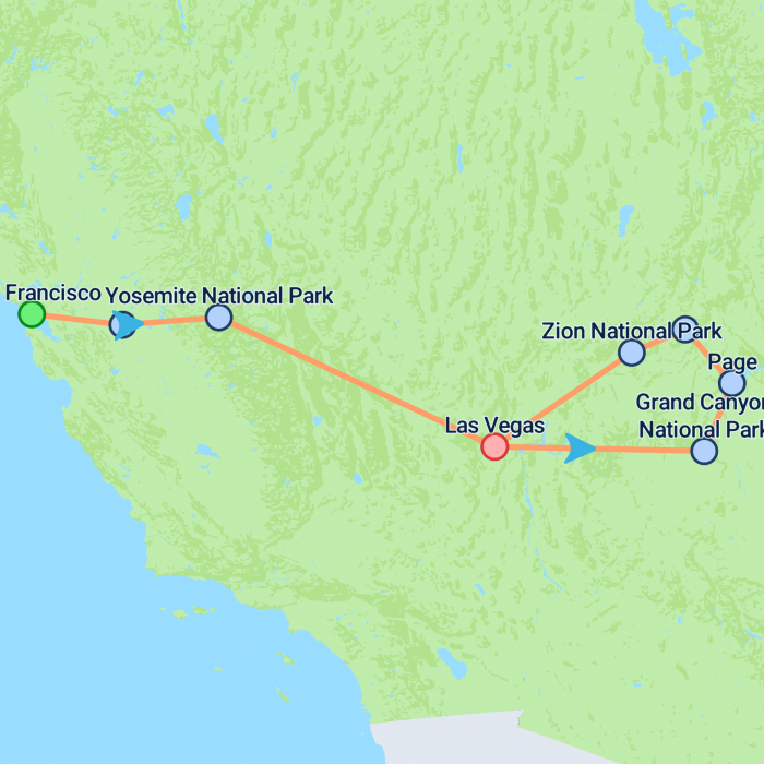 tourhub | On The Go Tours | San Francisco to Grand Canyon & LA - 6 days | Tour Map