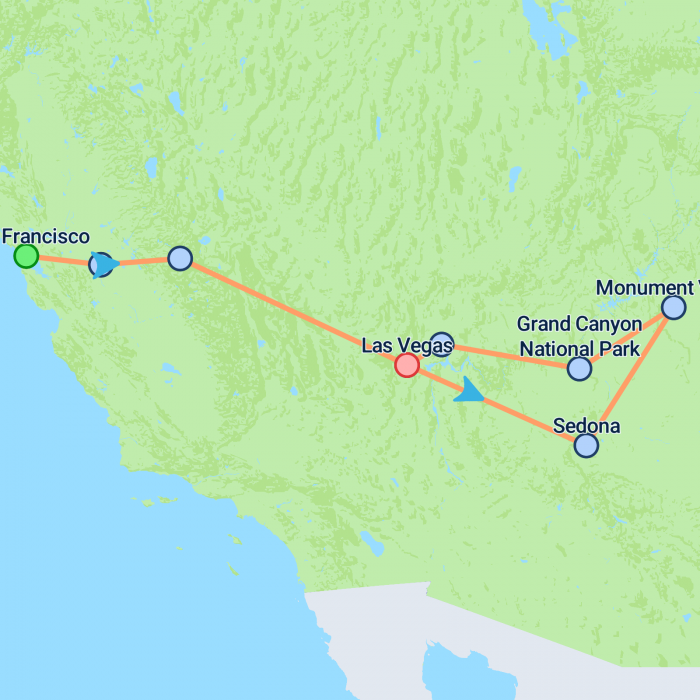 tourhub | On The Go Tours | Best of the Western US From San Fran - 7 days | Tour Map