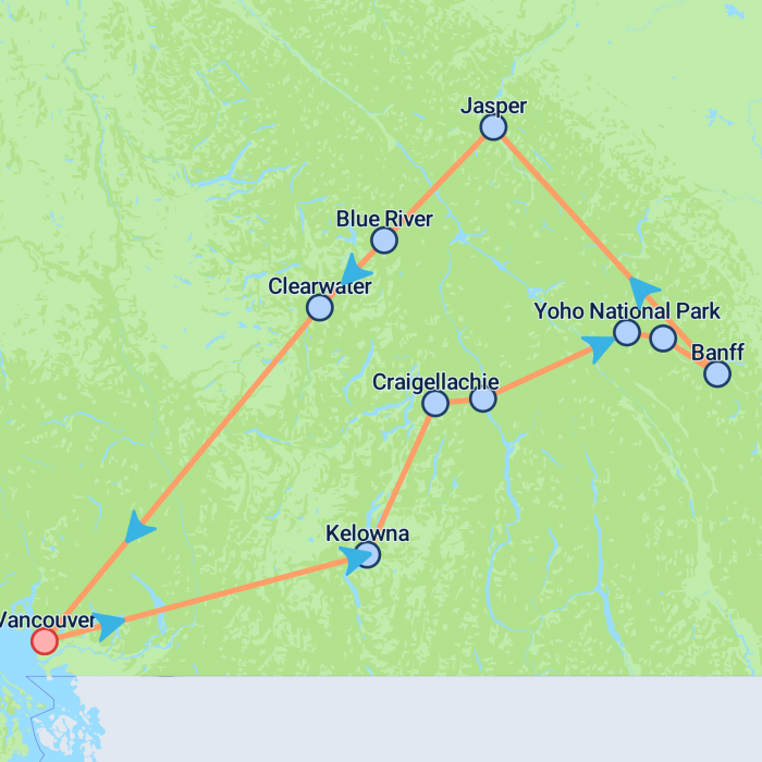 tourhub | On The Go Tours | Vancouver, Banff & Rockies Summer - 5 days | Tour Map