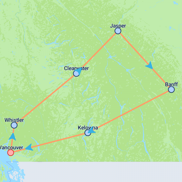 tourhub | On The Go Tours | Best of West Canada 2025 - 8 days | Tour Map