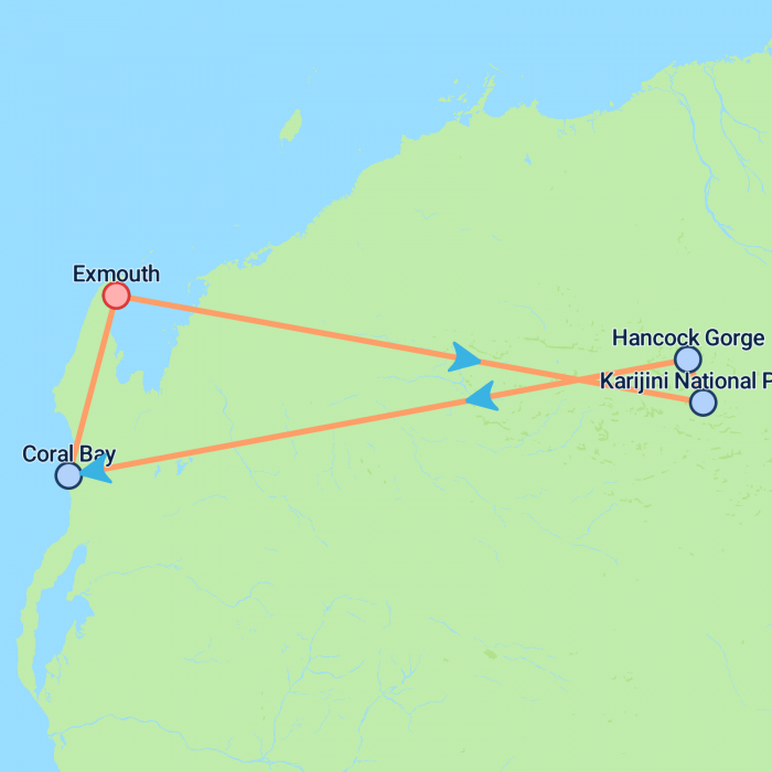 tourhub | On The Go Tours | Exmouth, Karijini National Park & Ningaloo - 6 days | Tour Map