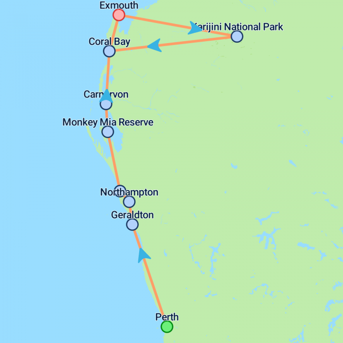 tourhub | On The Go Tours | West Coast & Karijini National Park - 13 days | Tour Map