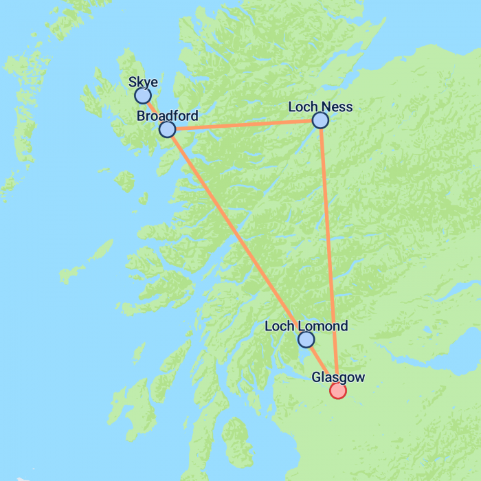 tourhub | On The Go Tours | Glasgow to Skye & Loch Ness - 3 days | Tour Map