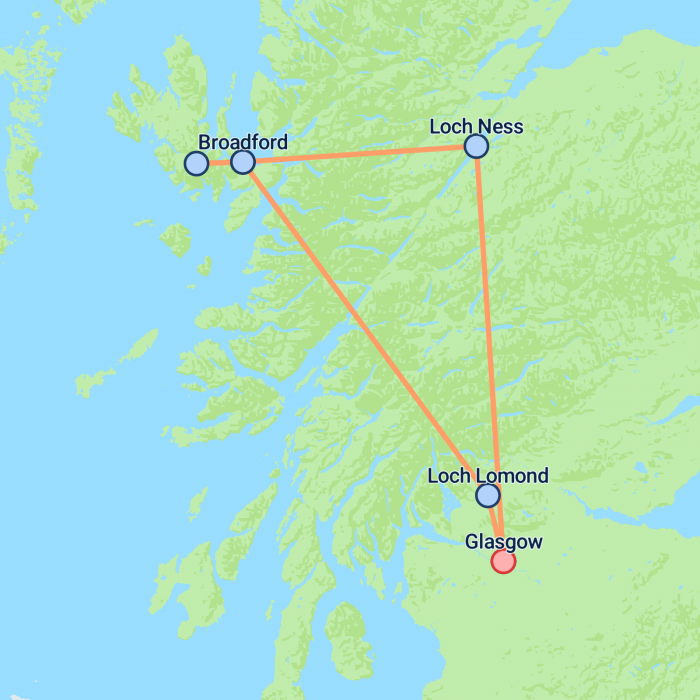 tourhub | On The Go Tours | Glasgow to Skye & Loch Ness (Hotel) - 3 days | Tour Map