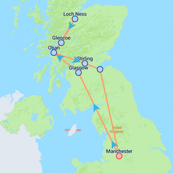 tourhub | On The Go Tours | Manchester to the Scottish Highlands - 4 days | Tour Map