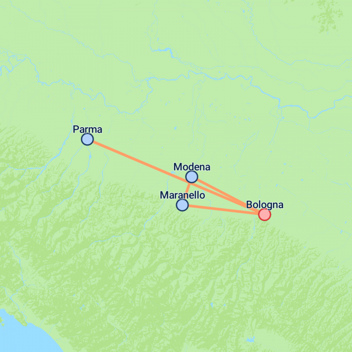 tourhub | On The Go Tours | Gastronomic Bologna, Ferrari & Parma - 4 days  | Tour Map