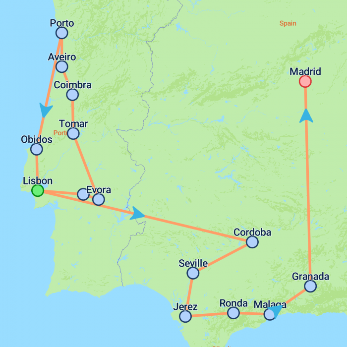 tourhub | On The Go Tours | Portugal, Andalusia & Madrid - 15 days | Tour Map