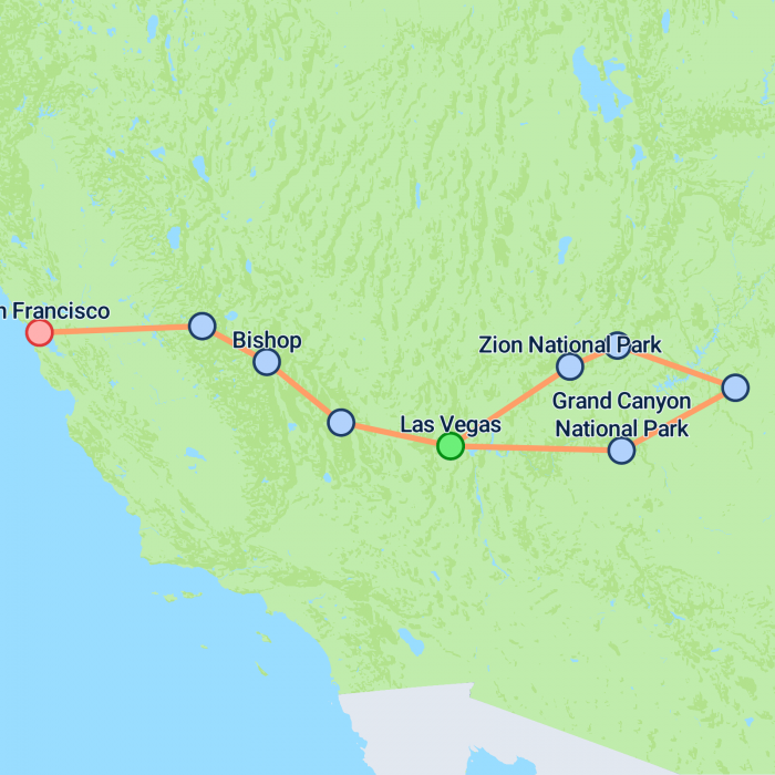 tourhub | On The Go Tours | Las Vegas to San Francisco (Camping) - 7 days | Tour Map