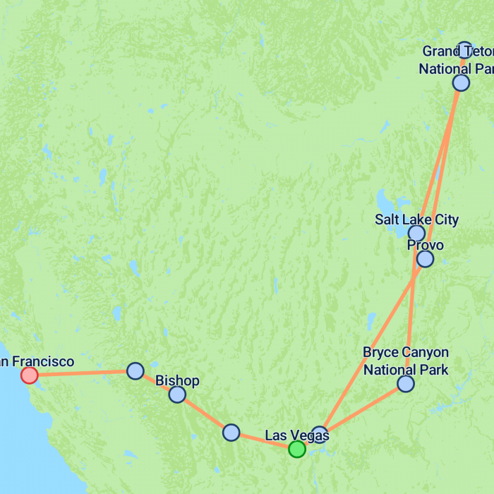 tourhub | On The Go Tours | Yellowstone & Yosemite (Camping) - 11 days | Tour Map