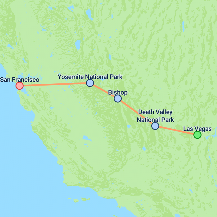 tourhub | On The Go Tours | Death Valley & Yosemite (Camping) - 4 days | Tour Map