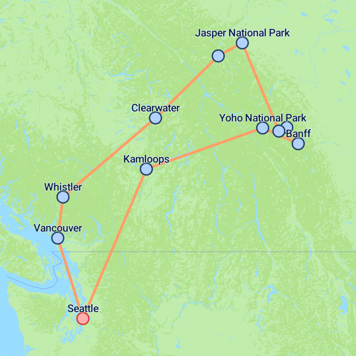 tourhub | On The Go Tours | Canadian Rockies from Seattle (Camping) - 7 days | Tour Map