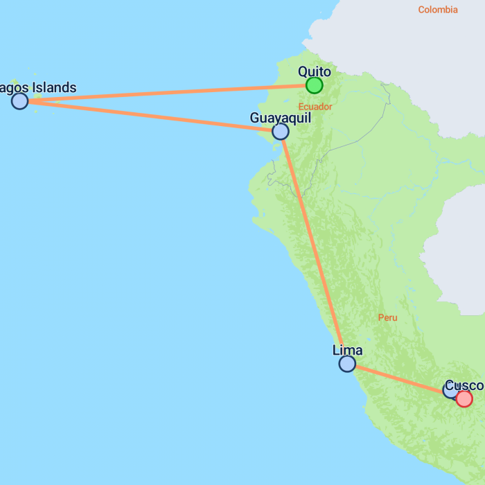 tourhub | On The Go Tours | Quito, Galapagos & Peru (Superior) - 11 days | Tour Map