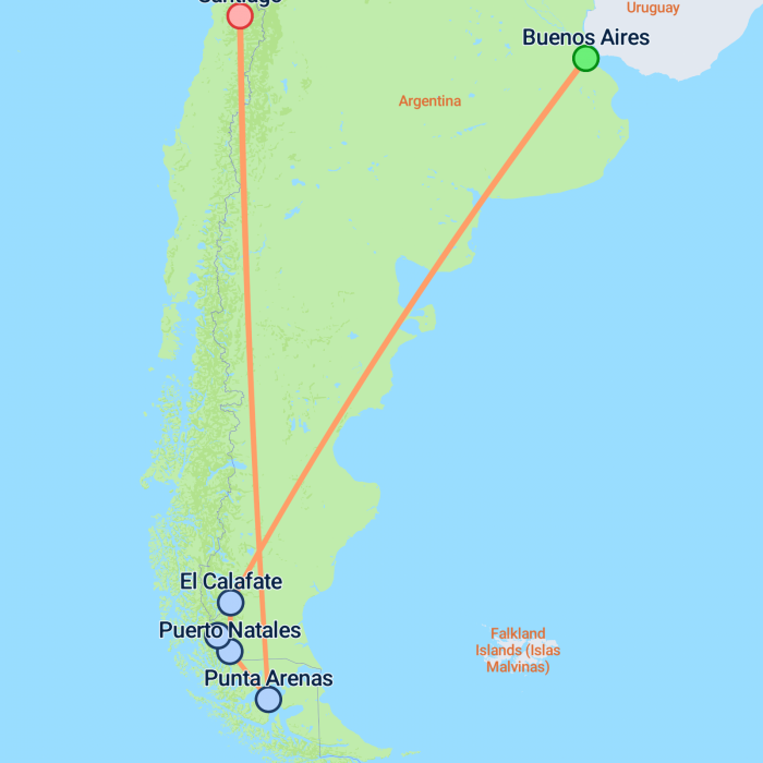 tourhub | On The Go Tours | Buenos Aires, Patagonia & Santiago - 11 days | Tour Map