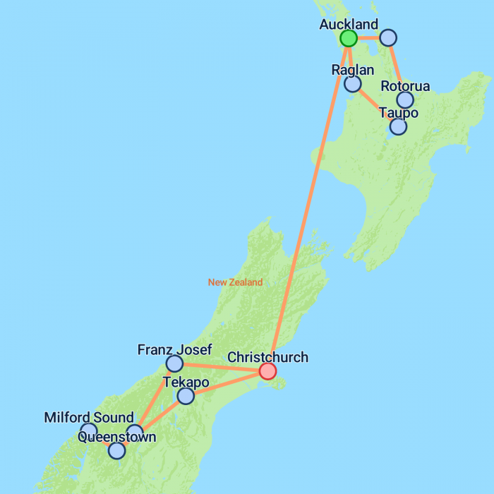 tourhub | On The Go Tours | Budget Kiwi Adventure From Auckland - 14 days | Tour Map