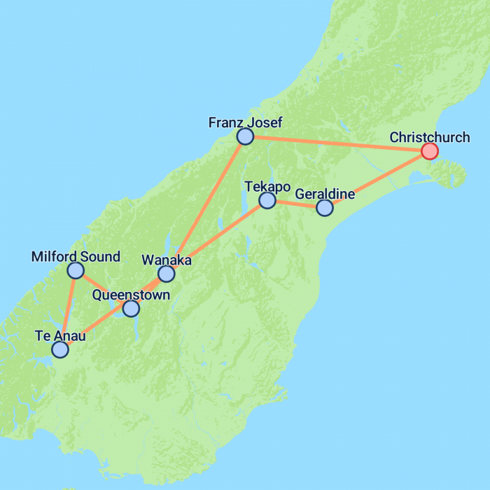 tourhub | On The Go Tours | Christchurch to Milford Sound & Franz Josef - 7 days | Tour Map