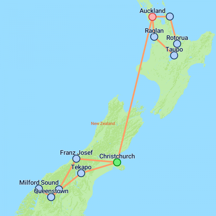 tourhub | On The Go Tours | Budget Kiwi Adventure From Christchurch - 14 days | Tour Map