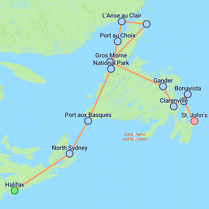 tourhub | On The Go Tours | Nova Scotia to Newfoundland (Small Group) - 13 days | Tour Map