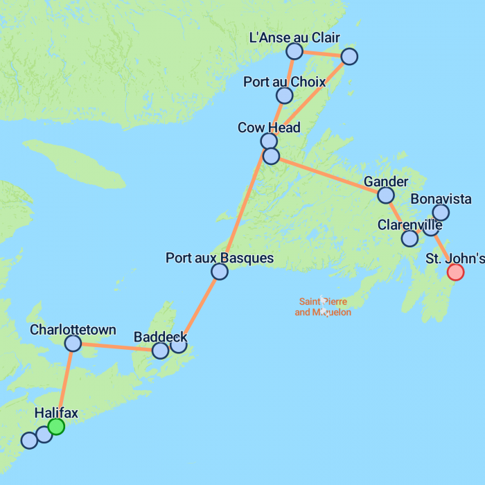 tourhub | On The Go Tours | Halifax to St John's (Small Group) - 18 days | Tour Map