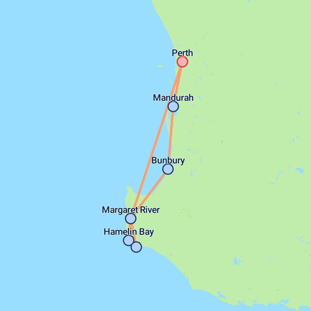 Perth to Margaret River - 3 days map